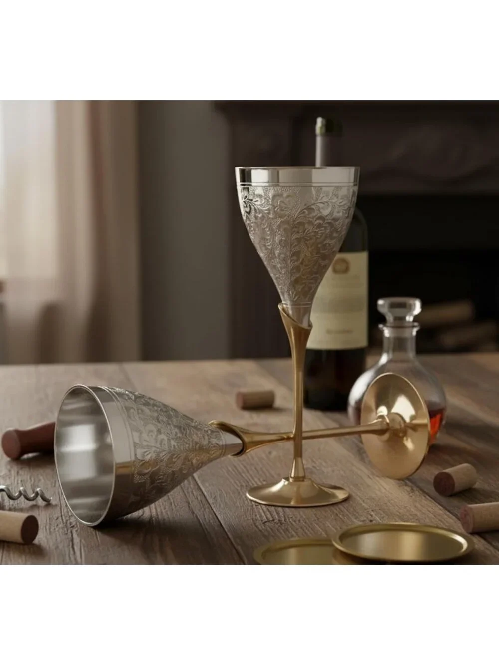 Engraved Brass Champagne Goblet Set - Elegant Silver Polished Wine Glasses